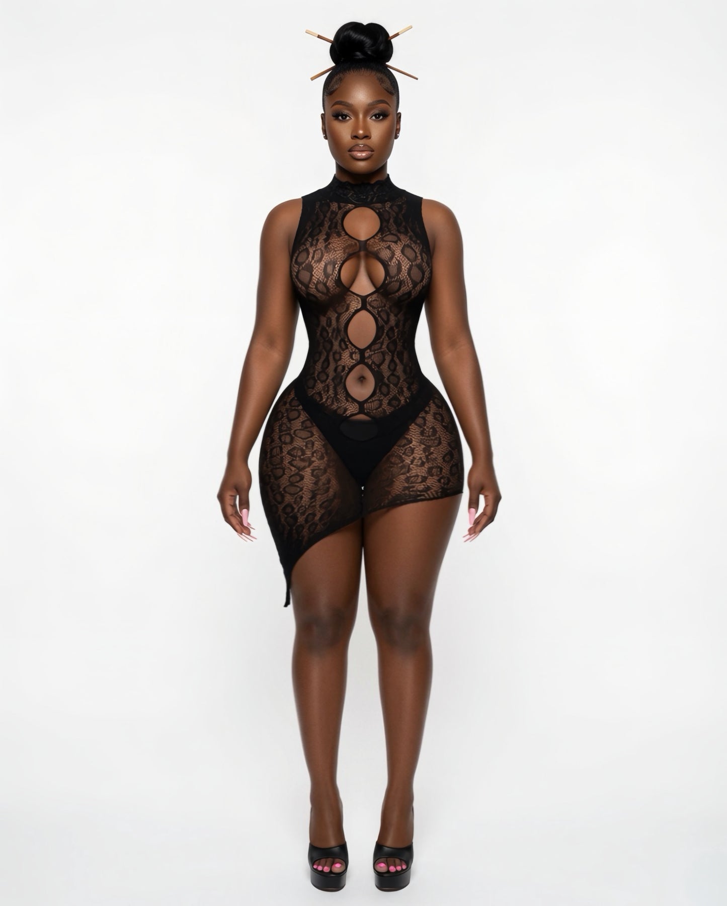 Chinese Kitty Asymmetrical Cheetah Fishnet Dress with Lace Trim