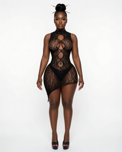 Chinese Kitty Asymmetrical Cheetah Fishnet Dress with Lace Trim