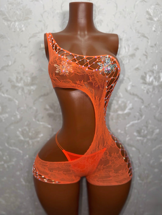 Rhinestone Orange Soda Lace Detail Fishnet Romper Fits XS-L