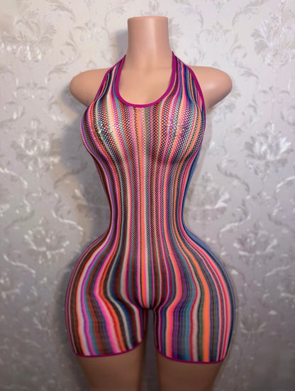 Onika Multicolor Halter Fishnet Romper  Fits XS-XL