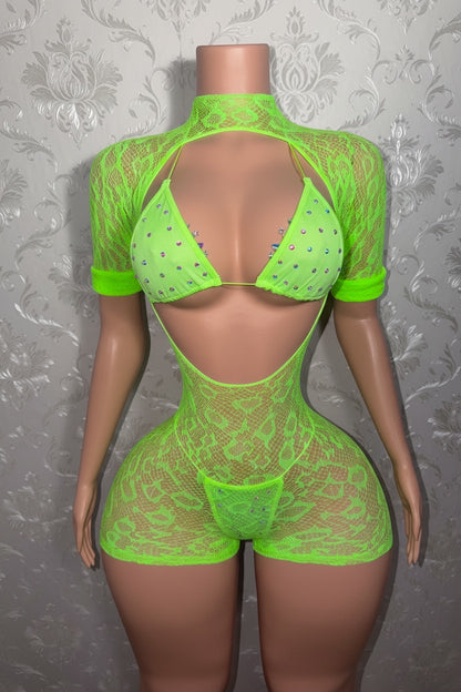 Sherice Cheetah Fishnet Romper + Martina Bikini 3 Piece Set Fits XS-L