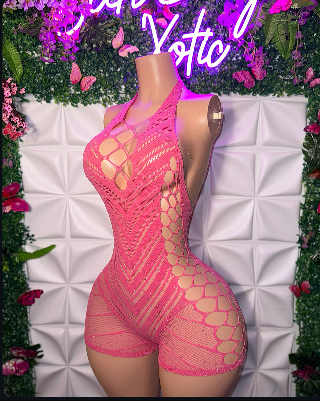 PLT Curvy Collection — Glittery PLT Fishnet Romper Fits S-XXL