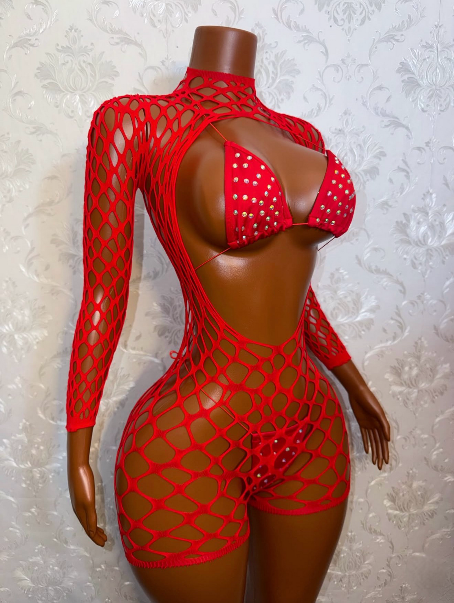 Avery Long Sleeve Fishnet Romper Bikini Set Fits XS-L