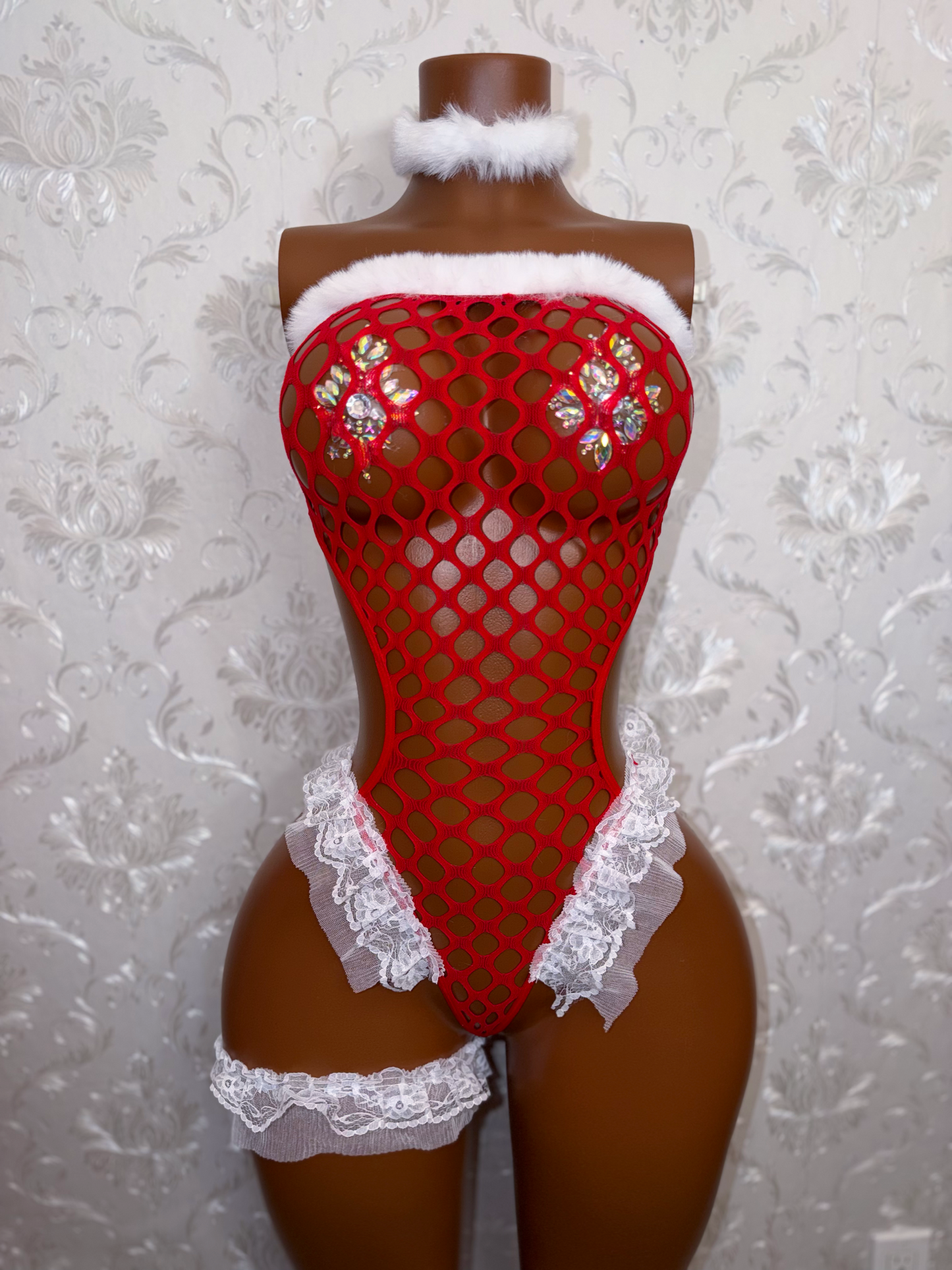 Snow Fairy Fishnet Bodysuit Lace Ruffle Trim 3 Piece Set Fits XS-M