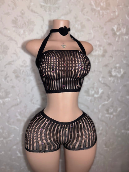 Caleesi — Fishnet Long Sleeve Top and Shorts Set Bantu Knot Fits XS-L