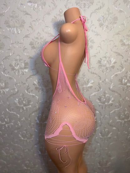 Plain Jane Stoned 3 Piece Bikini and Hammock Fishnet Overalls Set Fits XS-L