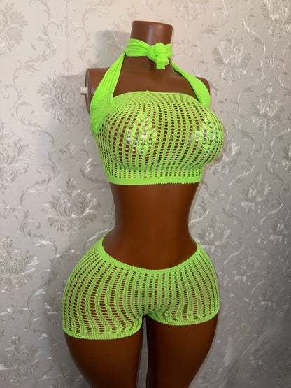 Caleesi Fishnet Long Sleeve Top and Shorts Set Bantu Knot Fits XS-L