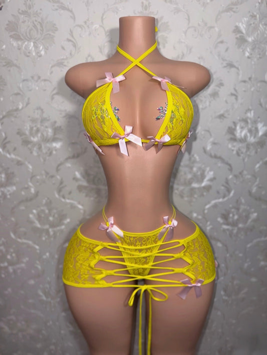 Lemon Squeezy Pastel Yellow Kawaii Lace Skirt Set Fits XS-L