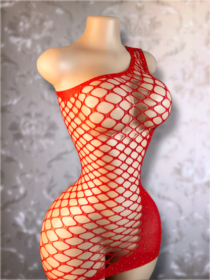 Holiday Bedazzled Dress Asymmetrical Fishnet Fits XS-L
