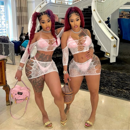 Harmonie Off Shoulder Fishnet Lace Skirt Set Fits XS-L