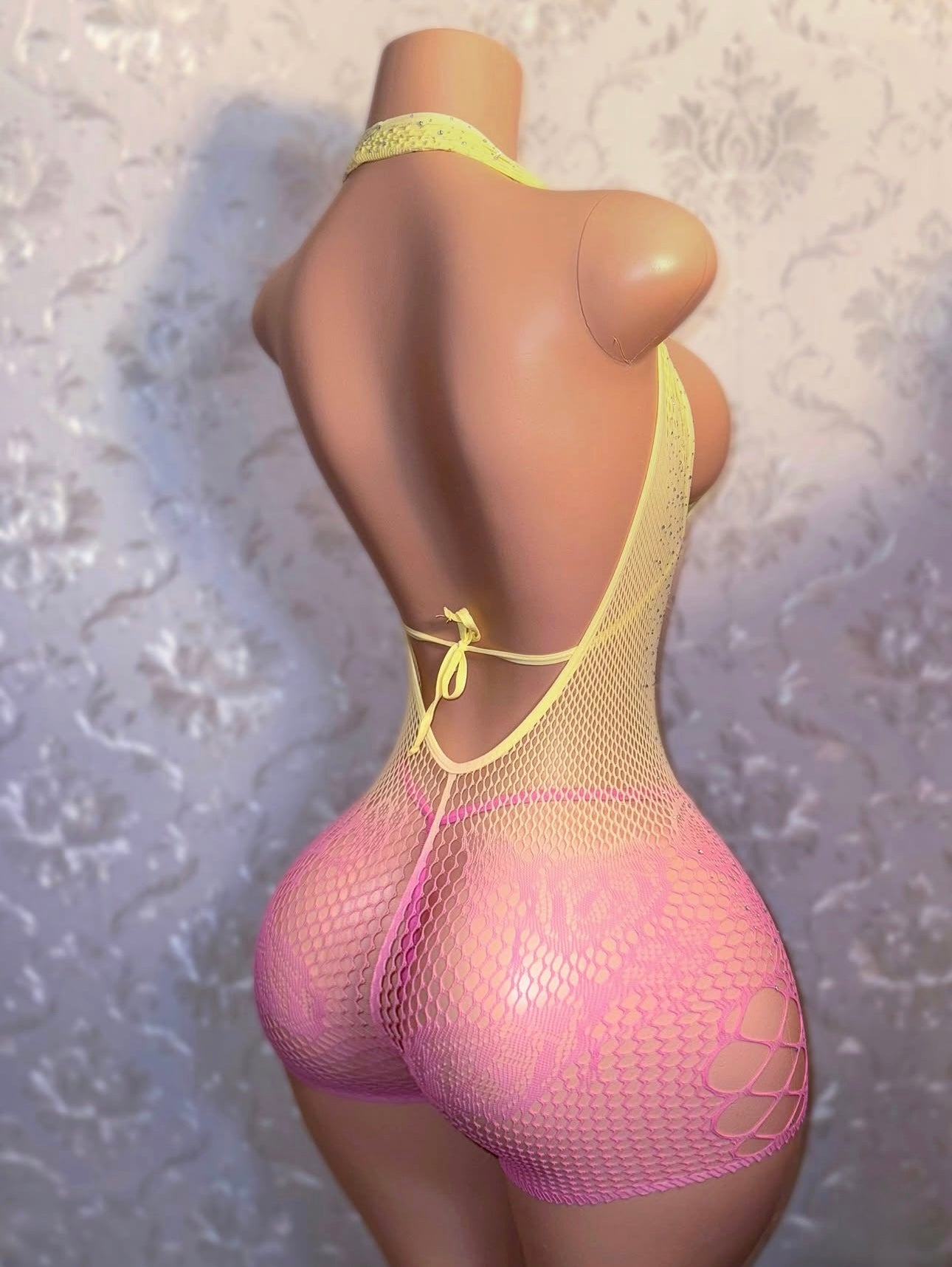 Mean Girl Rhinestone 3 Piece Fishnet Romper Bikini Set Fits XS-L