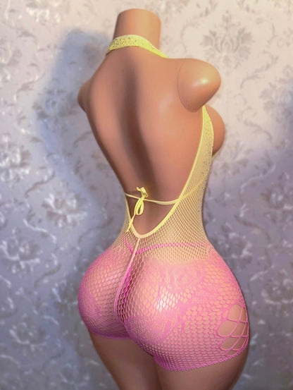 Mean Girl Rhinestone 3 Piece Fishnet Romper Bikini Set Fits XS-L