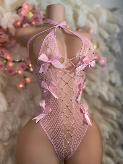 Sultry Vixen with Bows — Crotchless Lace Bodysuit with Baby Pink Accent Bows Fits XS-XL
