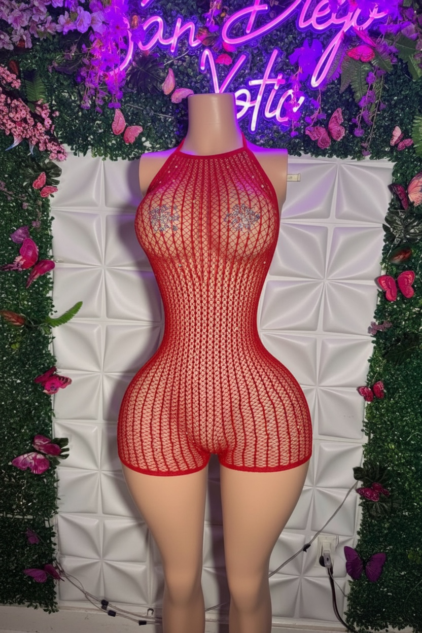 Serena Halter Fishnet Romper with Rhinestones Fits XS-XL