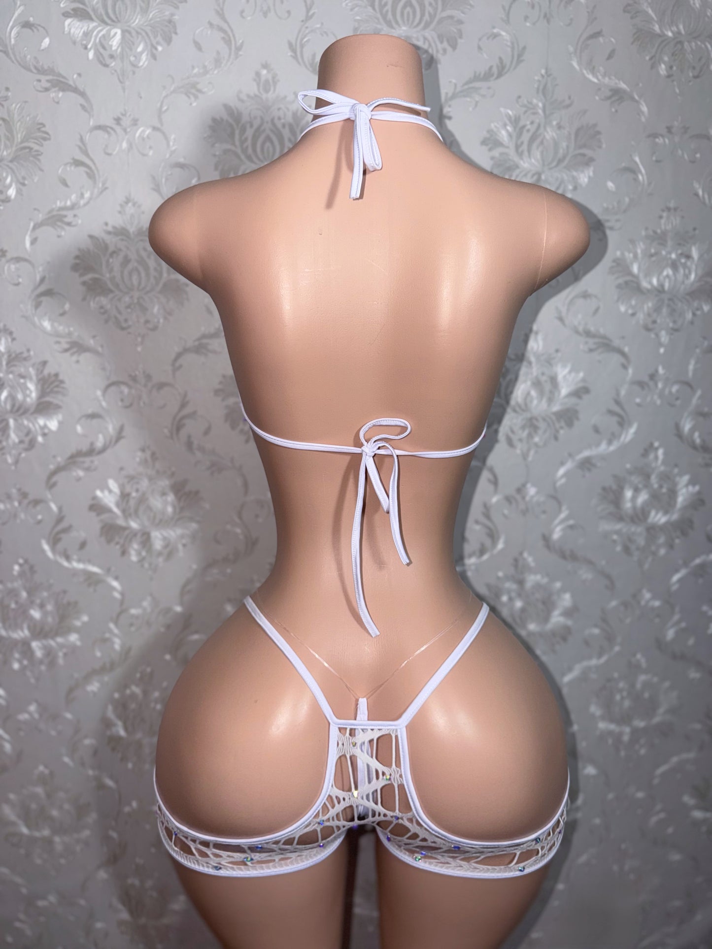 White Desiree Fishnets 2 Piece Chaps Shorts Set Fits M
