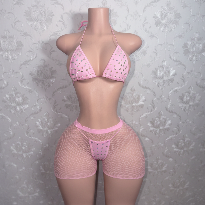 Martina 3 Piece Bikini and Fishnet Shorts Fits XS-L