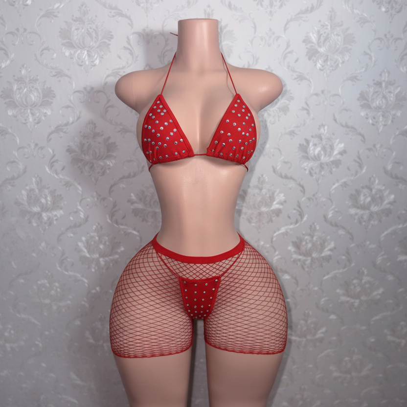 Martina 3 Piece Bikini and Fishnet Shorts Fits XS-L