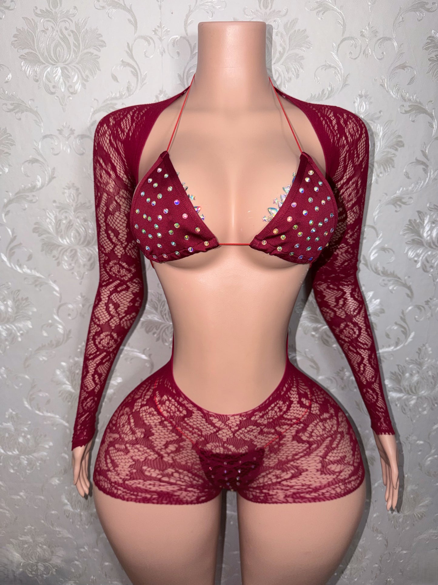Sangria Suriyah Fishnet Romper With Bikini 3 Piece Set Fits XS-L