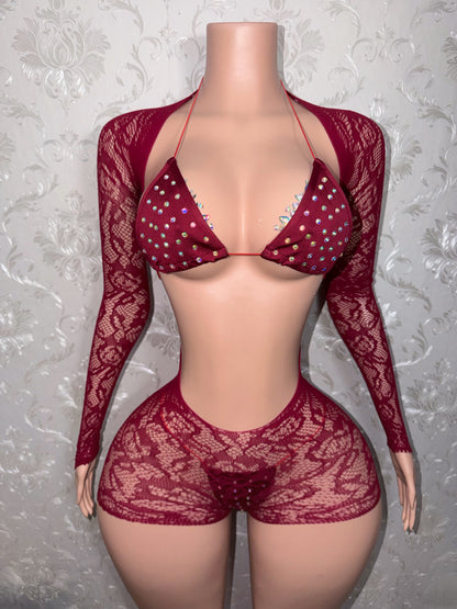 Sangria Suriyah Fishnet Romper With Bikini 3 Piece Set Fits XS-L