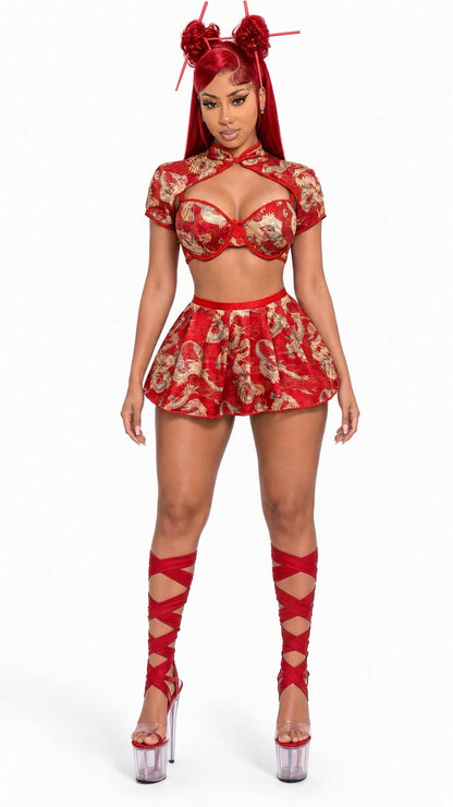 Chinese Dragon 5 Piece Set With Sheer Red Stockings