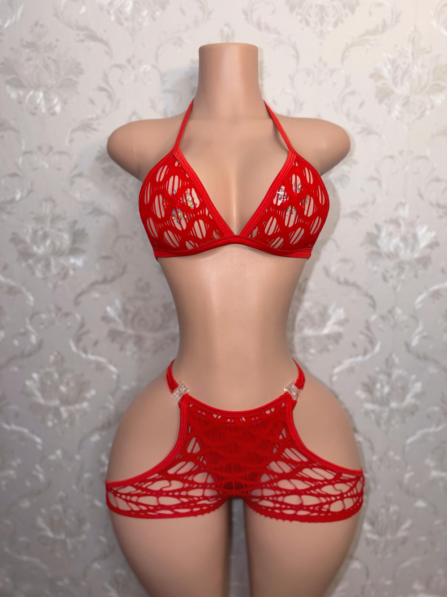 Desiree Plain Cutout Fishnet Clasp Chaps Shorts Set Fits S-L