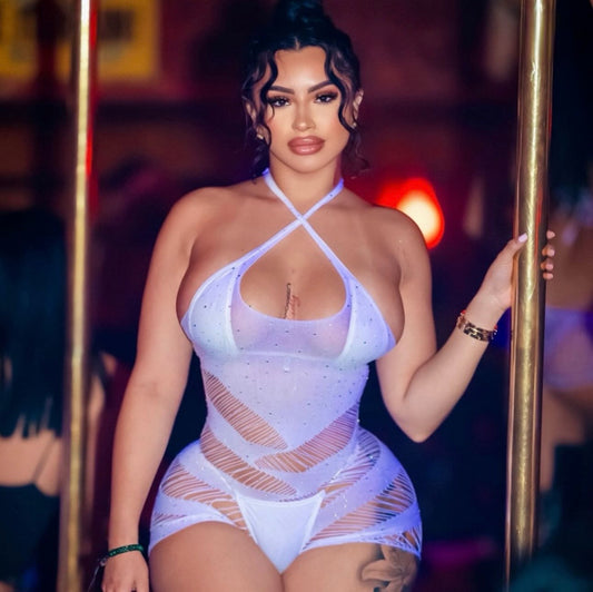 Naomi Small Stones Fishnet Romper Fits XS-L