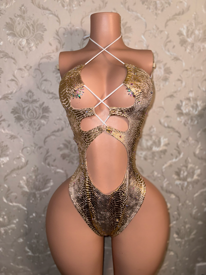 Athena — Gold Snakeskin One Piece with Rhinestones