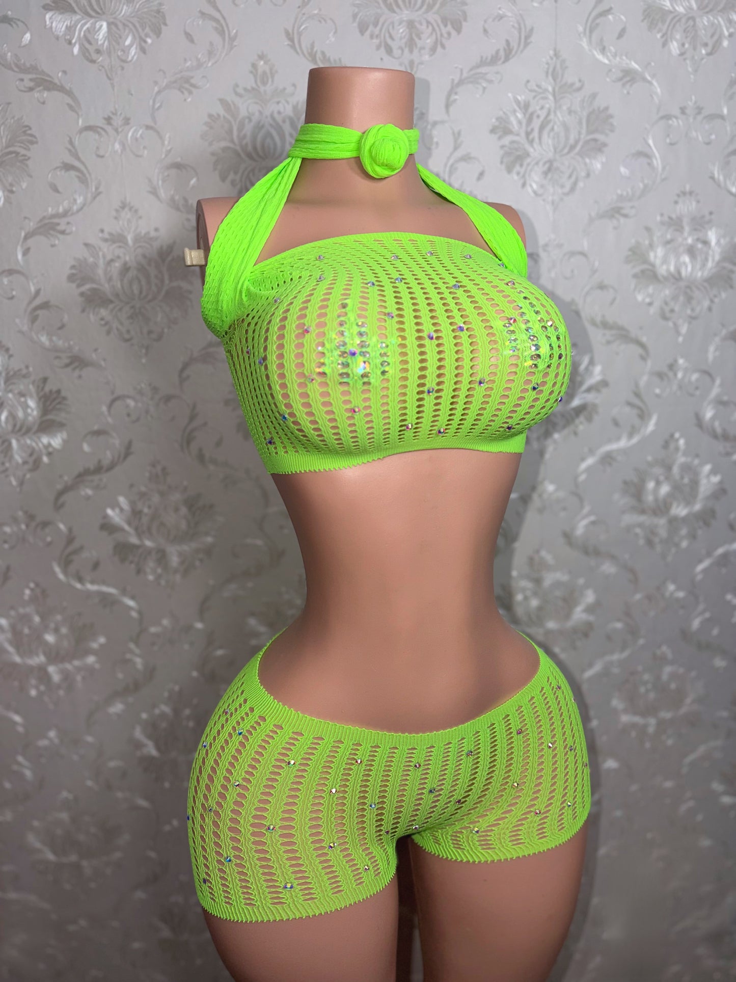 Caleesi Fishnet Shorts Set Pre-tied Bantu Knot Fits XS-L