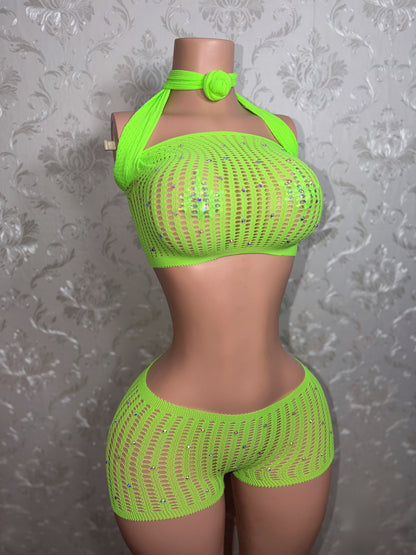 Caleesi Fishnet Shorts Set Pre-tied Bantu Knot Fits XS-L