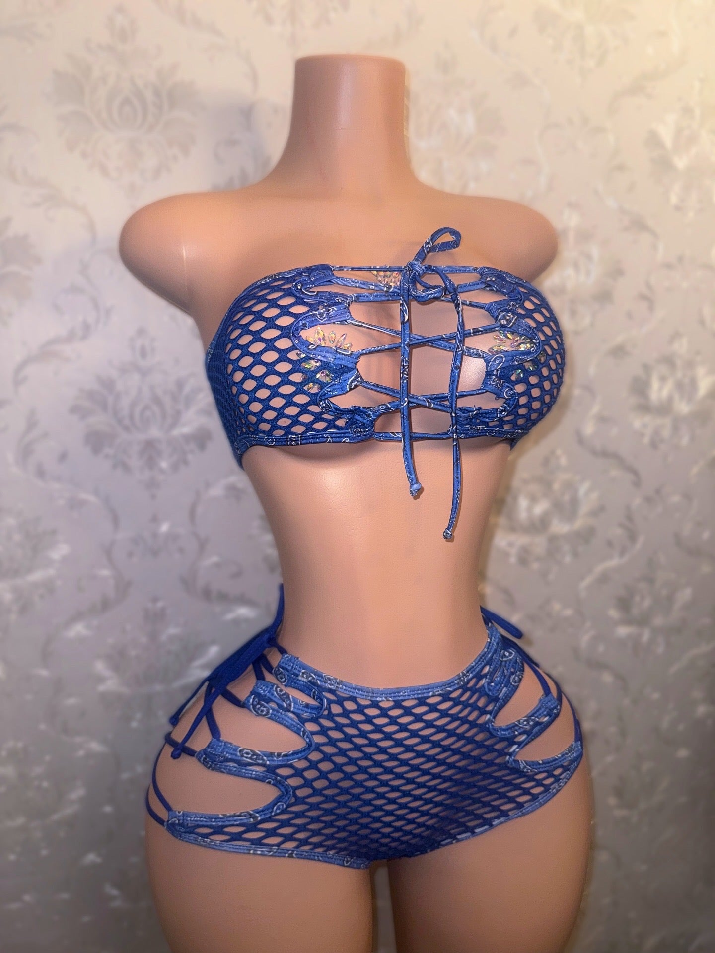 Blueface Bonnie Shorts Set with Paisley String Top Fits XS-L