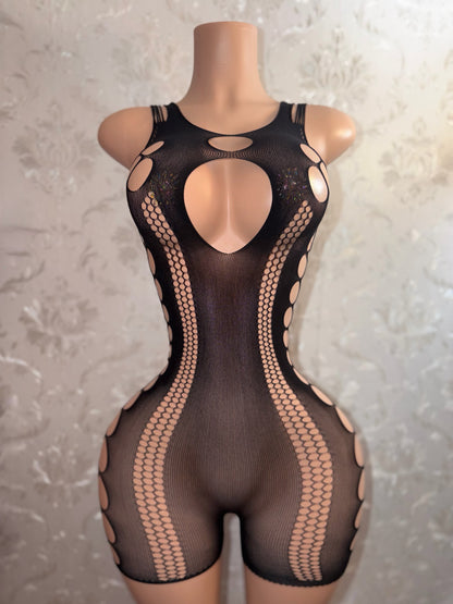 Tracie Bedazzled Baby Tee Fishnet Romper Fits XS-XL