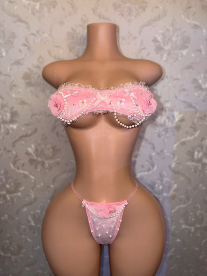 Paris Velour Ruffle Lace Trim Bandeau Bikini Set