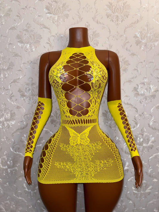 Cleo Lace Fishnet Optional Rhinestone Detail Dress Fits XS-L