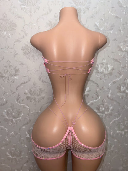 Baby Pink Nefise Fishnet Romper Set Fits S-M