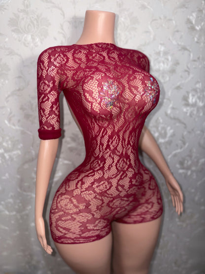 Suriyah Pre-Rolled Sleeve Fishnet Romper Fits XS-L