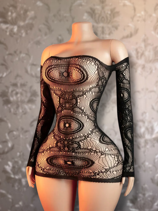 Eye of the Tiger Off Shoulder Fishnet Dress Fits XS-L