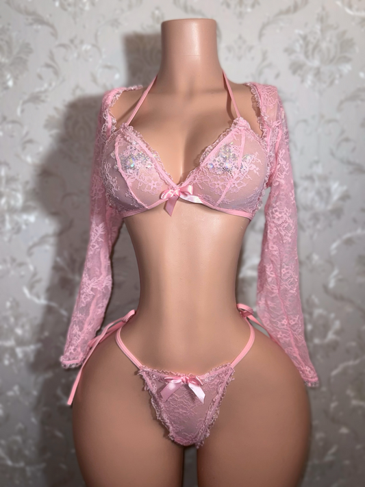 Garden Nympho — Baby Pink Lace 3 Piece Bikini & Shawl Set