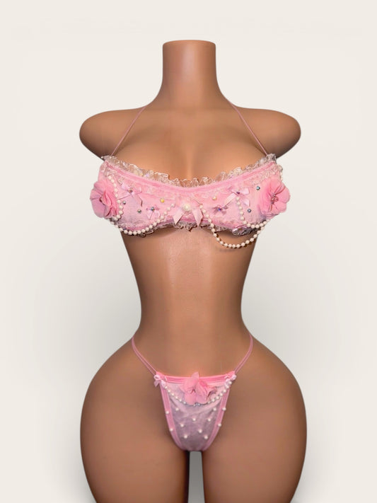 Paris Velour Ruffle Lace Trim Bandeau Bikini Set