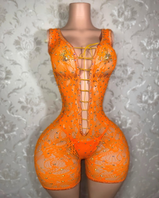 Enchantress Rhinestone Lace Fishnet Romper Set Fits XS-L