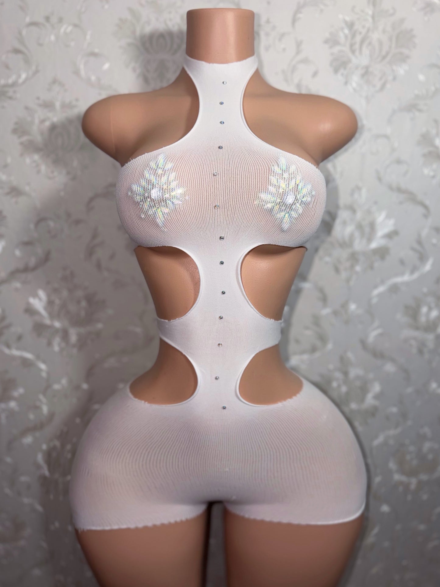 Iced Out Sheer Mesh Romper Optional Extra Stones Fits S-L