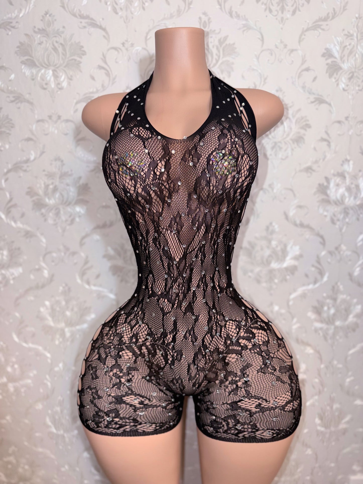 Layla Fishnet Romper with Rhinestones Fits XS-L