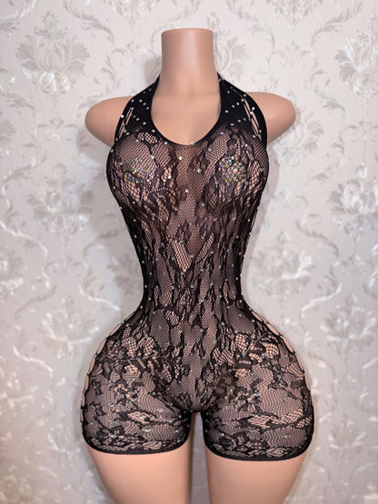 Layla Fishnet Romper with Rhinestones Fits XS-L