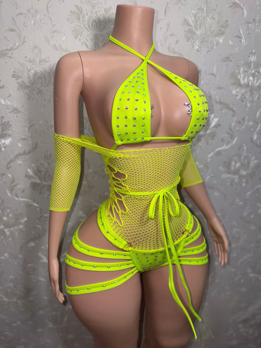 Electric Georgia Peach Fishnet 3 Piece Shorts Set Fits S-L