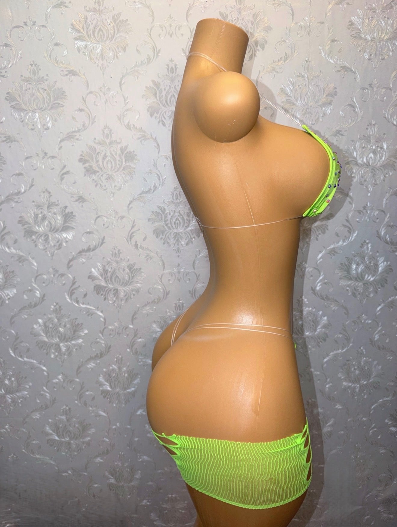 Kiwi Rhinestone 3 Piece Includes Cut Off Fishnet Shorts