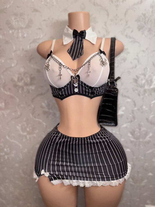 Wednesday Goth Girl 7 Piece Skirt Set Includes Chain and Bag