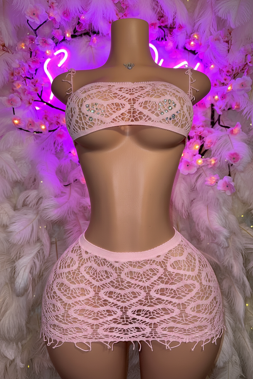 Fringe Fishnet Skirt Set “Be Mine” Fits XS-XL