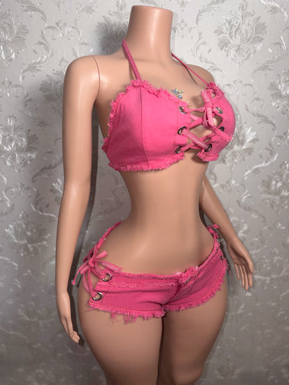 Amirah- 2 Piece Distressed Ultra Mini Denim Shorts Set