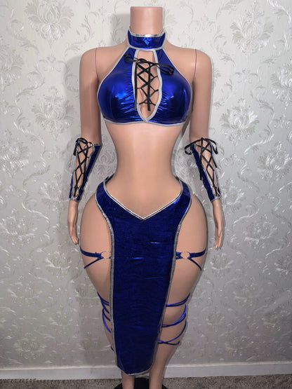 Baddie Kitana Cosplay 5 Piece Set Includes Thong and Thigh Garters