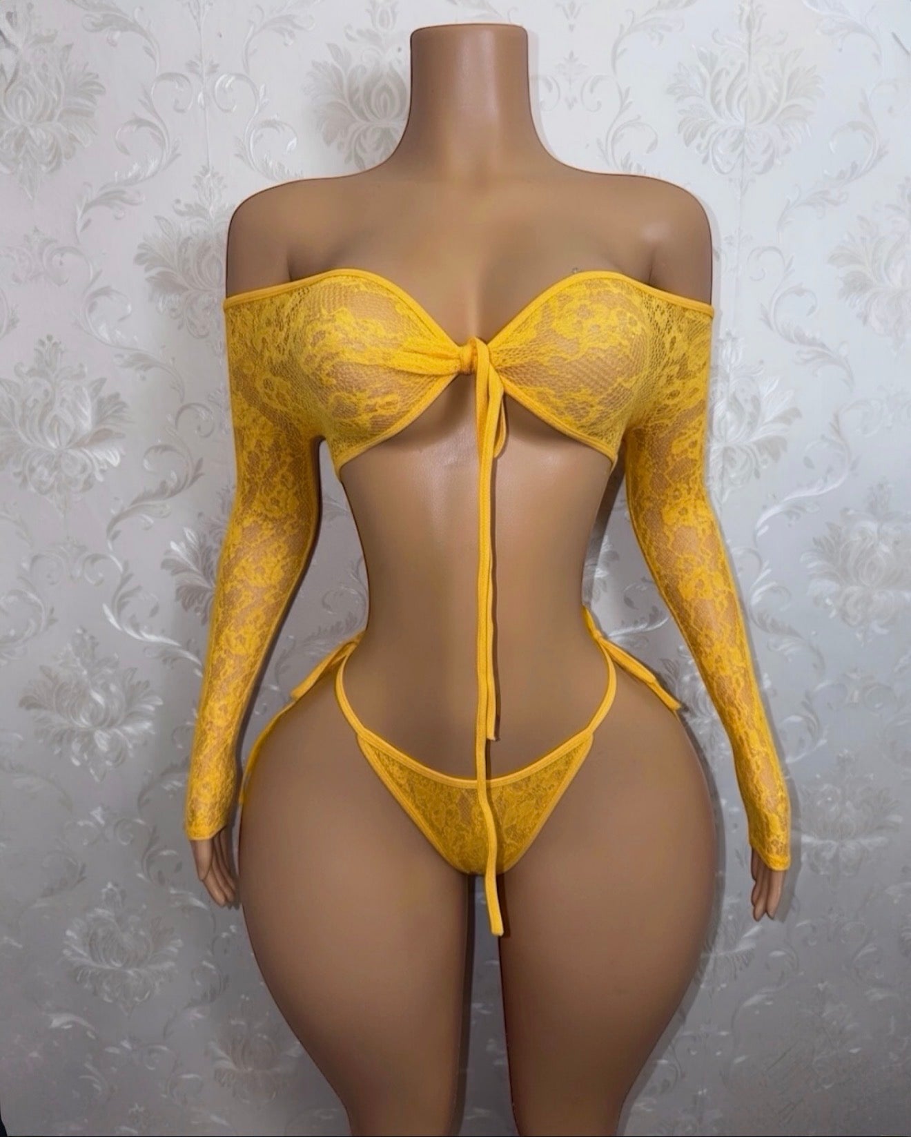 Venus Fishnet Criss Crossed Long Sleeve Top and Thong Fits XS-L