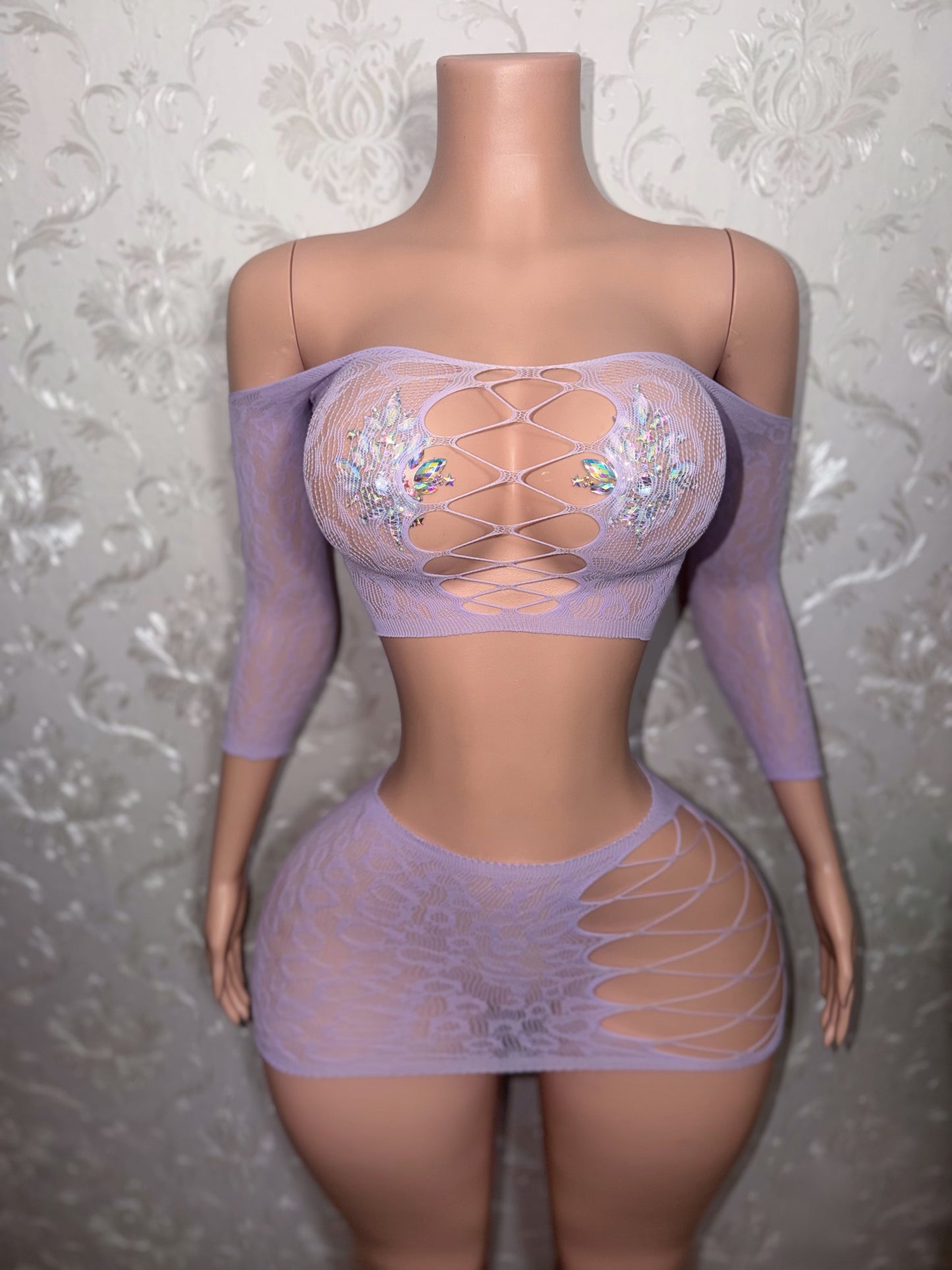 Luciana Cheetah Fishnet Off Shoulder Long Sleeve Set Fits XS-M